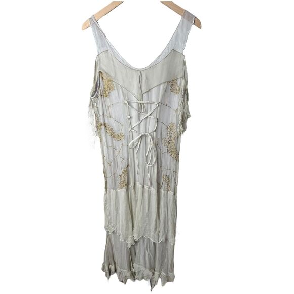 Nataya Empire FairyCore Garden Floral Embroidered Dress Lace Up Sage Gray Large - Picture 2 of 12